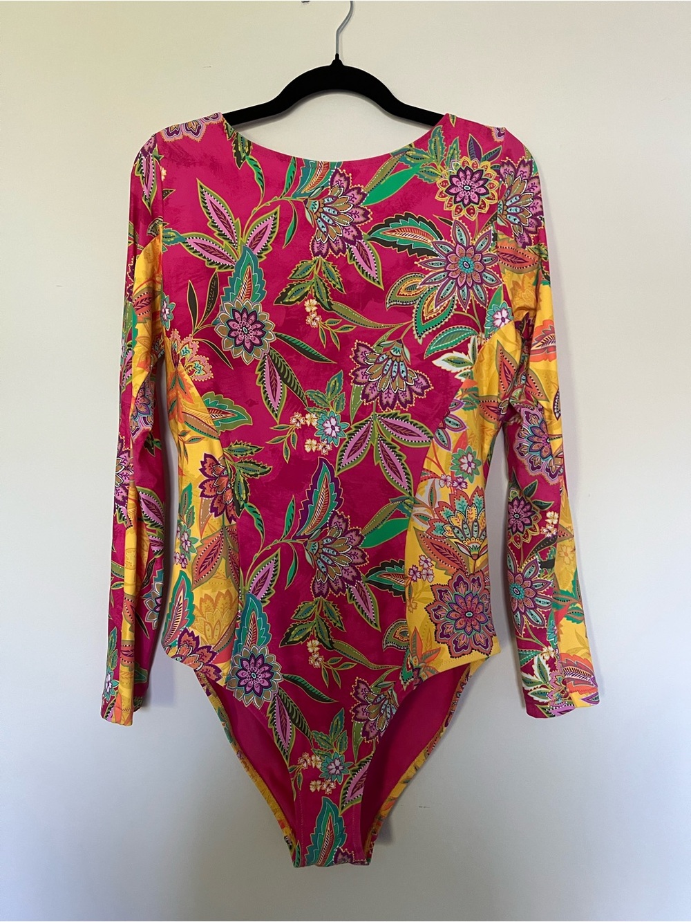 Johnny Was Floral Long-Sleeve Scoop-Neck Bodysuit in Fuchsia and Yellow